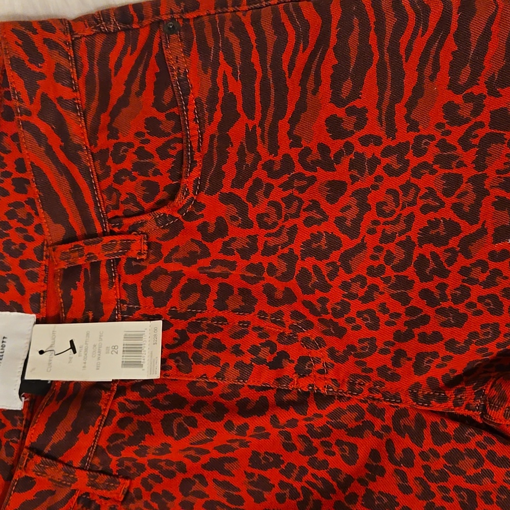 Current/Elliott The Stiletto Red Black Leopard Print Jean 5 Pocket Sz 28…NEW - Picture 2 of 7